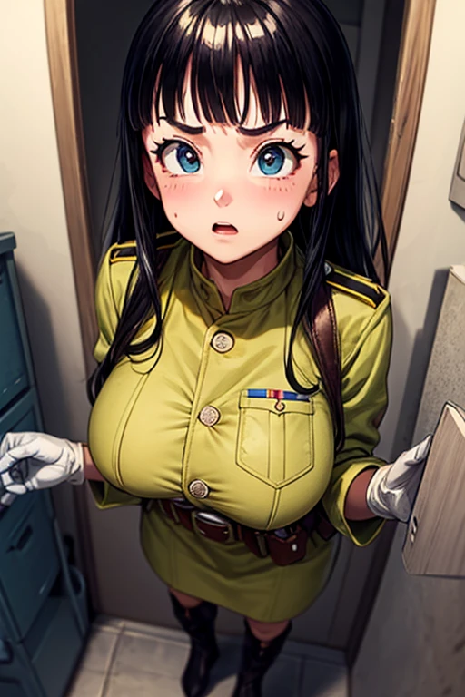 masterpiece, Highest quality,  Unreal Engine,  Super Resolution,  Very detailed, 

Beautiful woman, May, alone, uniform, Black Hair, boots, gloves, military, military uniform, Long Hair, iris, belt, coat, Black background, Simple Background, whole body, blunt bangs, bangs, Long Black Hair, Vivid expression, Healthy Body, Beautifully detailed sweat glands, Smooth skin texture, Carefully drawn,

(humidity:1.2), Beautiful Eyes, (Attractive face:1.2), (Beautiful Skin), (Big Breasts), Puffy nipples, Sticky with sweat, In a dynamic pose,

In the world of Dragon Ball, indoor, In the basement, 