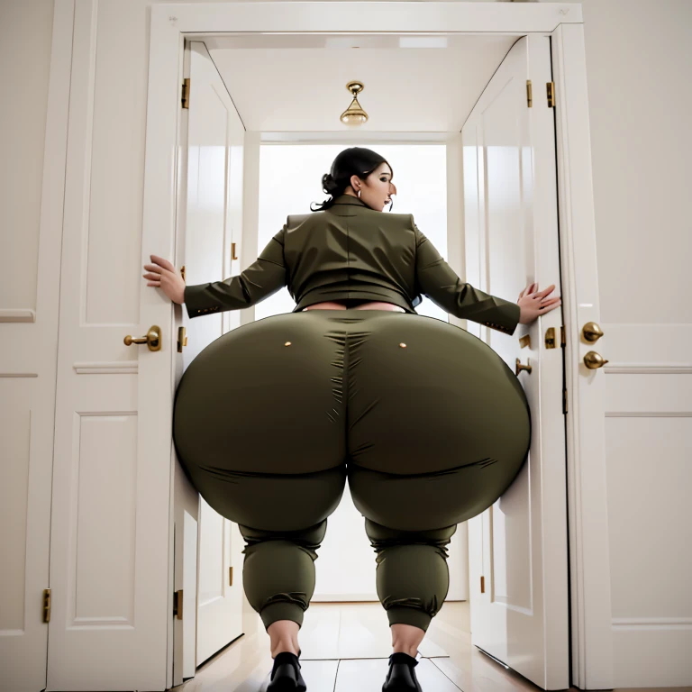 masterpiece, 1girl behind a doorway, from behind, (doorstuck, stuckback:1.3), ssbbw ,huge wide hips, round belly, thick thighs, giant butt,colorful clothing, wearing a olive green suit and tie and formal pants, upset, desperately trying to wiggle through, she tries to free herself but she won't budge, she is stuck tight view from behind, she is too wide, the doorway is quite narrow too, she kicks her legs furiously, trying to wiggle her hips through the small door, but its no good, the door is too small, she keeps trying to squeeze through with frustration, she is stuck too tight