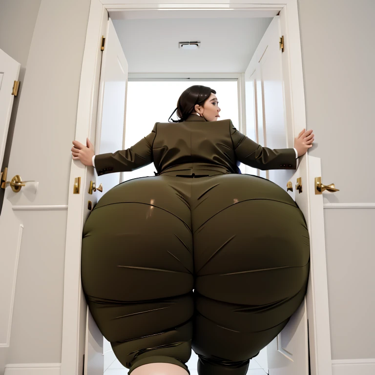 masterpiece, 1girl behind a doorway, from behind, (doorstuck, stuckback:1.3), ssbbw ,huge wide hips, round belly, thick thighs, giant butt,colorful clothing, wearing a olive green suit and tie and formal pants, upset, desperately trying to wiggle through, she tries to free herself but she won't budge, she is stuck tight view from behind, she is too wide, the doorway is quite narrow too, she kicks her legs furiously, trying to wiggle her hips through the small door, but its no good, the door is too small, she keeps trying to squeeze through with frustration, she is stuck too tight