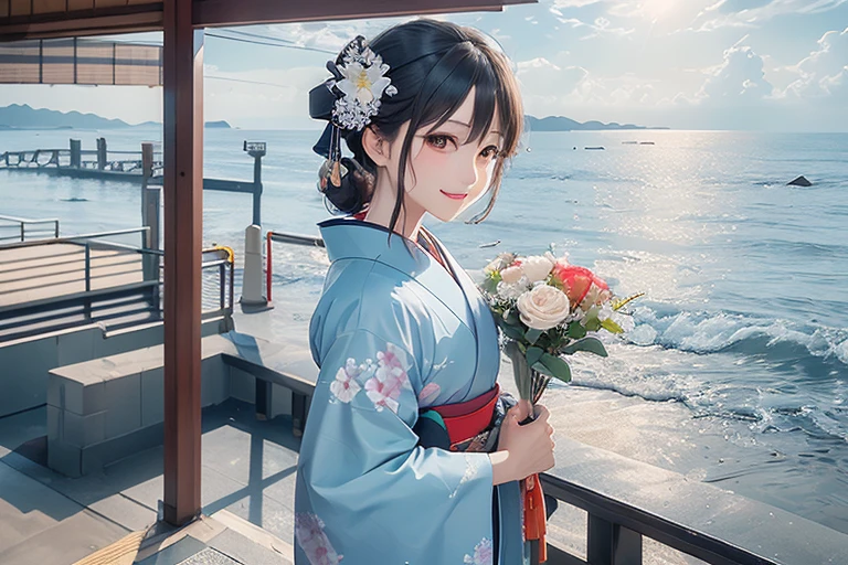 Train platform with ocean view,(Enoshima Electric Railway),((Shichirigahama Station)),Holding a bouquet, With flowers, Wearing a colorful yukata, (Wear a rainbow-colored kimono),One cute girl, (masterpiece, Highest quality, Official Art, Very detailed CG ユニティ 8k 壁紙), Very detailed), japanese related, Eyes on the Flower,(In kimono), A gentle gaze,Happy looking mouth,