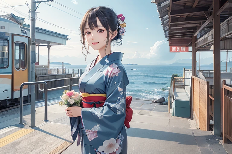 Train platform with ocean view,(Enoshima Electric Railway),((Shichirigahama Station)),Holding a bouquet, With flowers, Wearing a colorful yukata, (Wear a rainbow-colored kimono),One cute girl, (masterpiece, Highest quality, Official Art, Very detailed CG ユニティ 8k 壁紙), Very detailed), japanese related, Eyes on the Flower,(In kimono), A gentle gaze,Happy looking mouth,