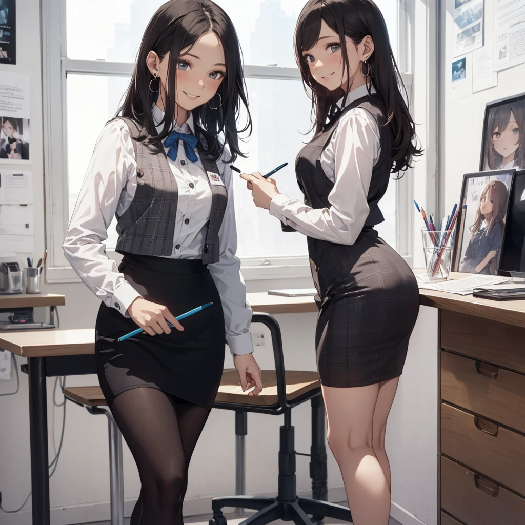 (Best Quality, Masterpiece),Wearing a pink plaid vest, White short sleeved shirt, Gray pencil skirt, Wear stiletto heels, Necklace, earrings, Cute face, Smile, Blushing, Shyness, Glass wall, Ultra Detail, Realistic, Front view, Whole body, stunning, cute, warm smile, hourglass figure, apron, text, chart, advertising, magazine title(Best Quality, Masterpiece), Mag((((1ladyl,)))) (masterpiece), (realistic), (best quality), (ultra-detailed), (wearing in [[white and gray check pattern]] Vest worn over white collared long-sleeved shirt:1.4), (gray vest with buttons:1.2), (Pink Theme:1.2), (blue ribbon ribbon:1.3), (Black theme:1.4), (Tight black pencil skirt:1.5), ((Brown pantyhose)), (high-heels:1.1),longskirt,office desk, office chair,Lulubre Unity 8K Wallpaper, pantyshot, long brown hair, office lady Magazine Cover, 1girl,  amazing, girl, 30 years old, house wiife, warm smile, hourglass figure, text, chart, advertising, magazine title