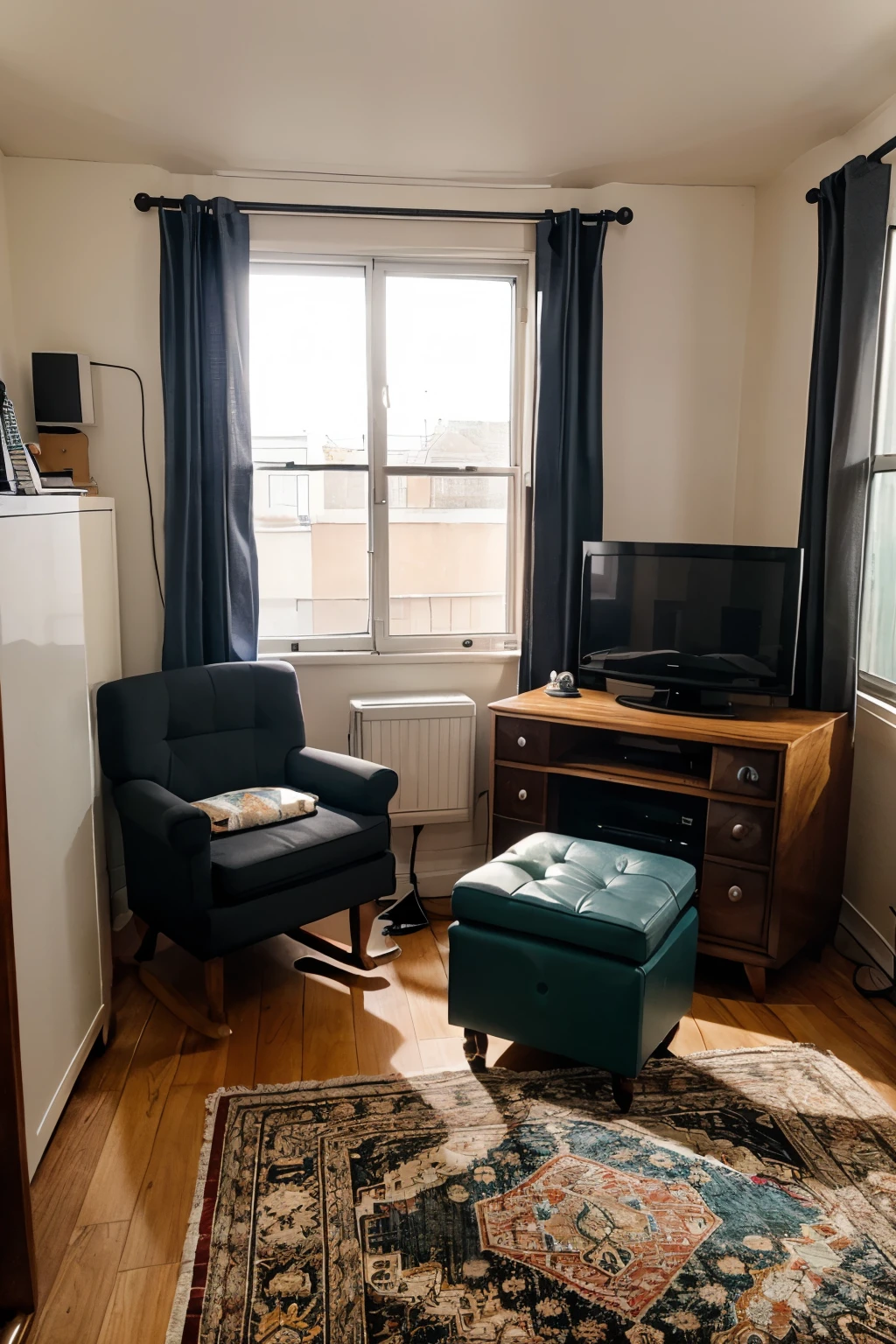 Interior image of a bedroom containing:
- bed - desk and a laptop - wardrobe - armchair - rug and a ball on top - TV table, a radio and a television - windows and door