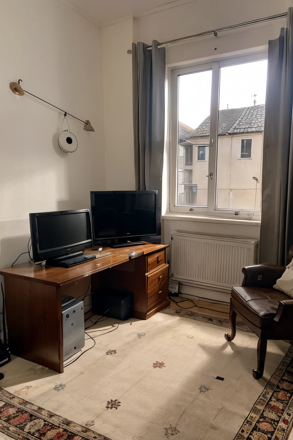 Interior image of a bedroom containing:
- bed - desk and a laptop - wardrobe - armchair - rug and a ball on top - TV table, a radio and a television - windows and door