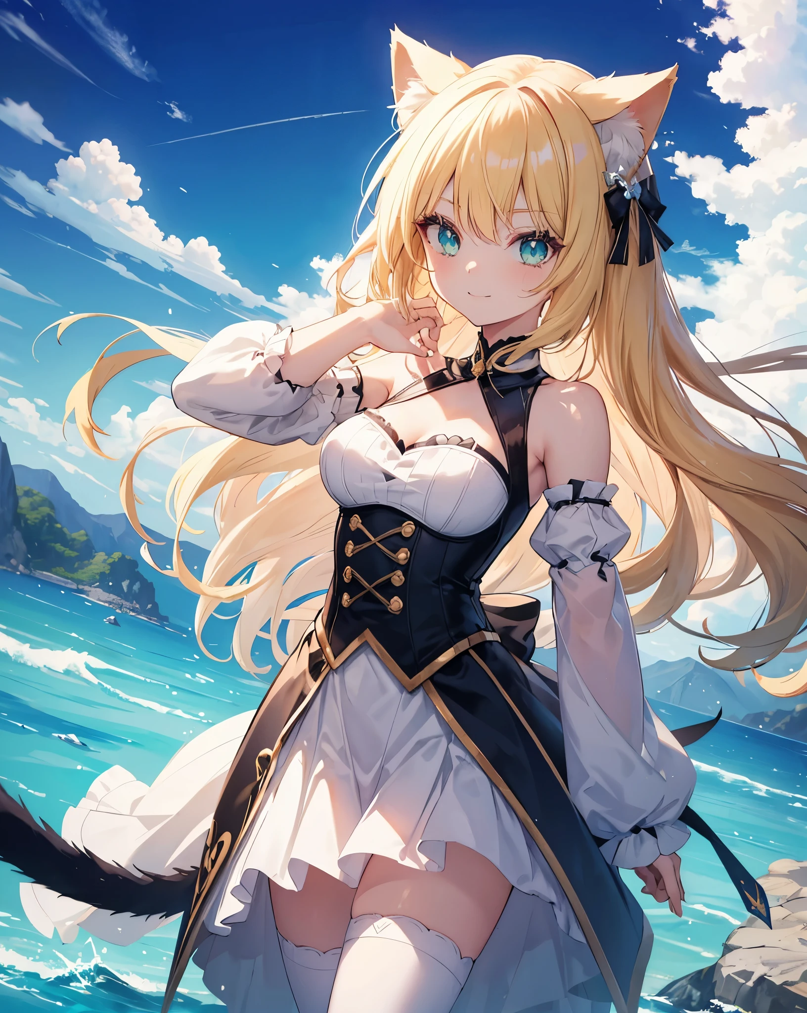 (Sketches),(eyelash:1.3), random scenery anime situation, highly dynamic natural pose, she's holding a powerfull weapon.
shot slightly from the above, face focus ,watching me , High Resolution, Cute 1Girl, neko ears, cat tail, Beautiful and fine details, Long blonde hair, vibrant and vivid green eyes, Original black and white Costumes, bare shoulders, stockings, Princess Dress, crystals reflecting, imagenery, scenery. She's the princess. Cinematic sunflare. she is smiling and very confident.