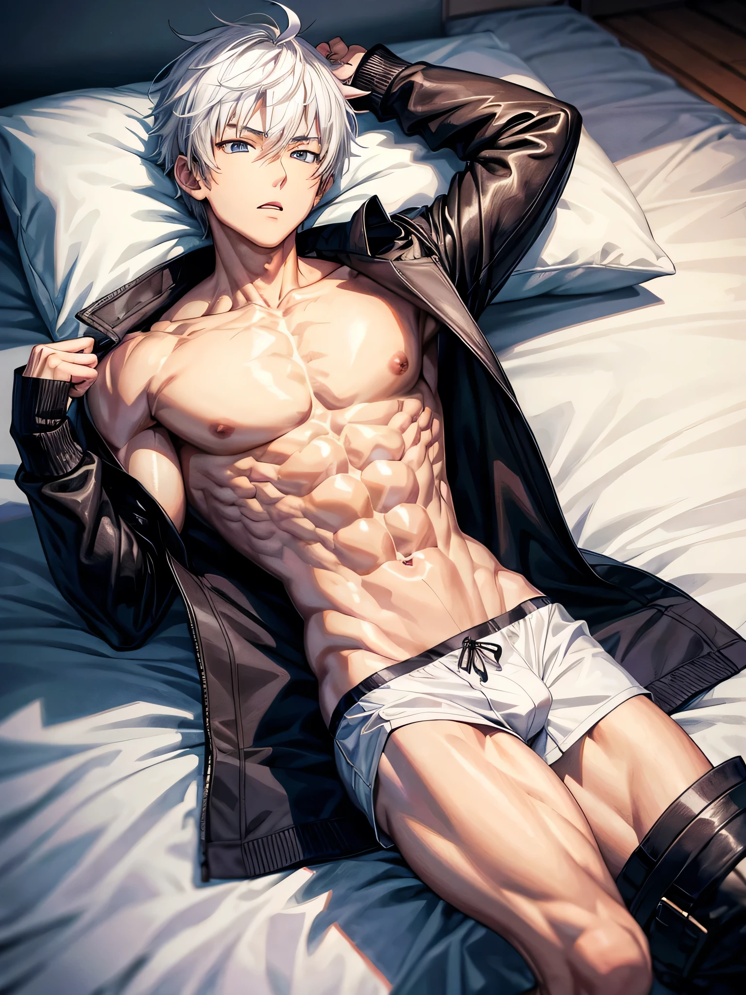 Anime guy about  without outerwear. Muscular with 6-pack abs and back. With white hair. Lying on the bed. 