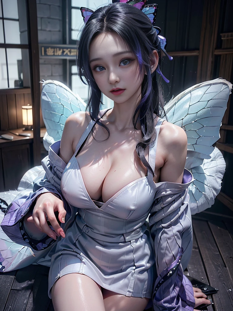 Tolerate, Demon slayer, Shinobu Kocho, アニメ, 22 years old, ((Butterfly themed costume, A black haori coat with a butterfly pattern, Brown full-body military uniform)), ((Tolerate Cosplay)), ((A very cute caucasian 22 years old mom cosplaying shinobu), ((Blur the background)), 1 Girl, Wide range Photograph, Wide range, (Mature Woman), Long and beautiful face, Clear Face, Realistic Face, True Face, Absolute reality, ((Hot body)), ((Demon slayer dress)), ((Demon slayer)), ((Tolerate Dress)), ((Cosplay Dresses)), Huge , Covered, (((Realistic))), ((Dress neatly)), waist curve pose, surface side, (8k, RAWphotograph, Highest quality, masterpiece), (Realistic, Realistic: 1.9), ((Full Body Shot)), Stylish pose, ((Highly detailed skin: 1.2)), ((Realistic: 1.9)), photograph, masterpieces, Highest quality, (Beautiful Blue Eyes, Gorgeous pale gray black curly hair, White skin, Thick body, Coarse hairs on lower abdomen, perfect slim figure), Various poses, Highly detailed face, Fine grain, Many people are looking at her with excitement., (((close))), Light of the sun, cinematic, ((Photograph)), photograph,Beautiful pose,with purple butterflies,