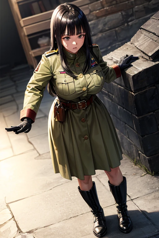 masterpiece, Highest quality,  Unreal Engine,  Super Resolution,  Very detailed, 

Beautiful woman, May, alone, uniform, Black Hair, boots, gloves, army, army uniform, Long Hair, iris, belt, coat, Black background, Simple Background, whole body, blunt bangs, bangs, Long Black Hair, Vivid expression, Healthy Body, Beautifully detailed sweat glands, Smooth skin texture, Carefully drawn,

(humidity:1.2), Beautiful Eyes, (Attractive face:1.2), (Beautiful Skin), (Big Breasts), Puffy nipples, Sticky with sweat, In a dynamic pose,

In the world of Dragon Ball, indoor, In the basement, 