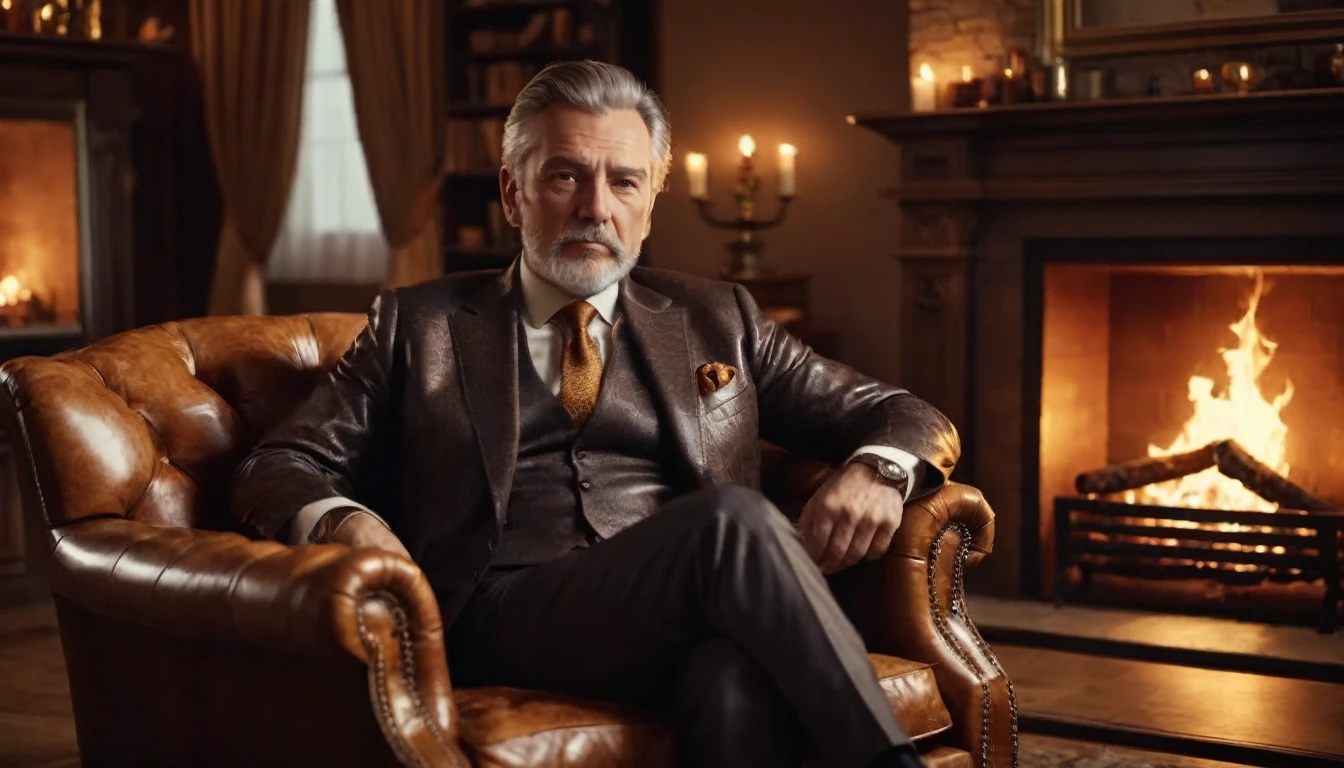 a wide shot of a luxurious room, decorated in warm tones, lit only by the glow of the crackling fireplace. a middle aged man, well dressed and with a serious expression, is sitting in a leather armchair. He looks at the fireplace , PICTURE REALISTIC, high resolution, 8k