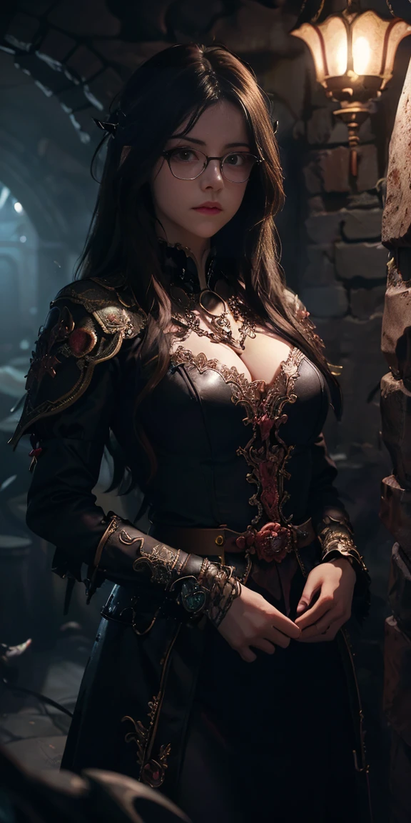 GOOD、(The best illustrations)、8k UHD resolution、intricate detail、premium、realisitic、ultra detailed、the best lighting、best shadows、Soft lighting、ultra HD、Dungeon and Dragon、caves、Dungeon、 a necromancer、the night、dark style、together、The devil's daughter、bat wings,(((Demon Hornlack glasses with round frame))))、(((Colossal tits)))、(Devil's tail)、(red eyes shining:1.6)、masterpiece、beautiful countenance、Tindall effect、realistic photoshigh detail masks:1.2)、8 hours、Digital SLR Cameras、high quality、a picture、High resolution、 absurderes、ponytail distortion、Best proportion four fingers and one thumb、1 girl、hair ornaments、Bright red gemstone necklace、joya、Beautiful expression、Body up、Emphasis on large breasts、toned waist、wide buttocks、Tindall effect、photorealistic、(High detail masks:1.2)、pink nipple, pink pussy