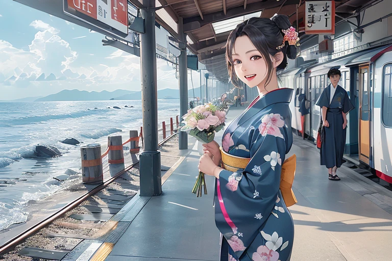 Train platform with ocean view,(Enoshima Electric Railway),((Shichirigahama Station)),Holding a bouquet, With flowers, Wearing a colorful yukata, (Wear a rainbow-colored kimono),One cute girl, (masterpiece, Highest quality, Official Art, Very detailed CG Unity 8k wallpaper), Very detailed), japanese related, Eyes on the Flower,(in kimono), A gentle gaze,Happy looking mouth,