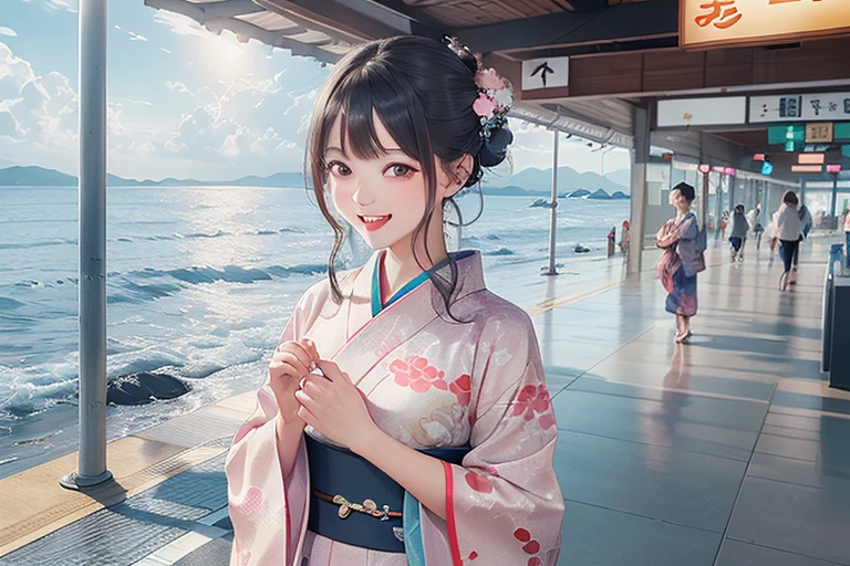 Train platform with ocean view,(Enoshima Electric Railway),((Shichirigahama Station)),Holding a bouquet, With flowers, Wearing a colorful yukata, (Wear a rainbow-colored kimono),One cute girl, (masterpiece, Highest quality, Official Art, Very detailed CG Unity 8k wallpaper), Very detailed), japanese related, Eyes on the Flower,(in kimono), A gentle gaze,Happy looking mouth,