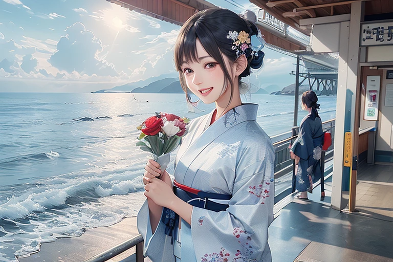 Train platform with ocean view,(Enoshima Electric Railway),((Shichirigahama Station)),Holding a bouquet, With flowers, Wearing a colorful yukata, (Wear a rainbow-colored kimono),One cute girl, (masterpiece, Highest quality, Official Art, Very detailed CG Unity 8k wallpaper), Very detailed), japanese related, Eyes on the Flower,(in kimono), A gentle gaze,Happy looking mouth,