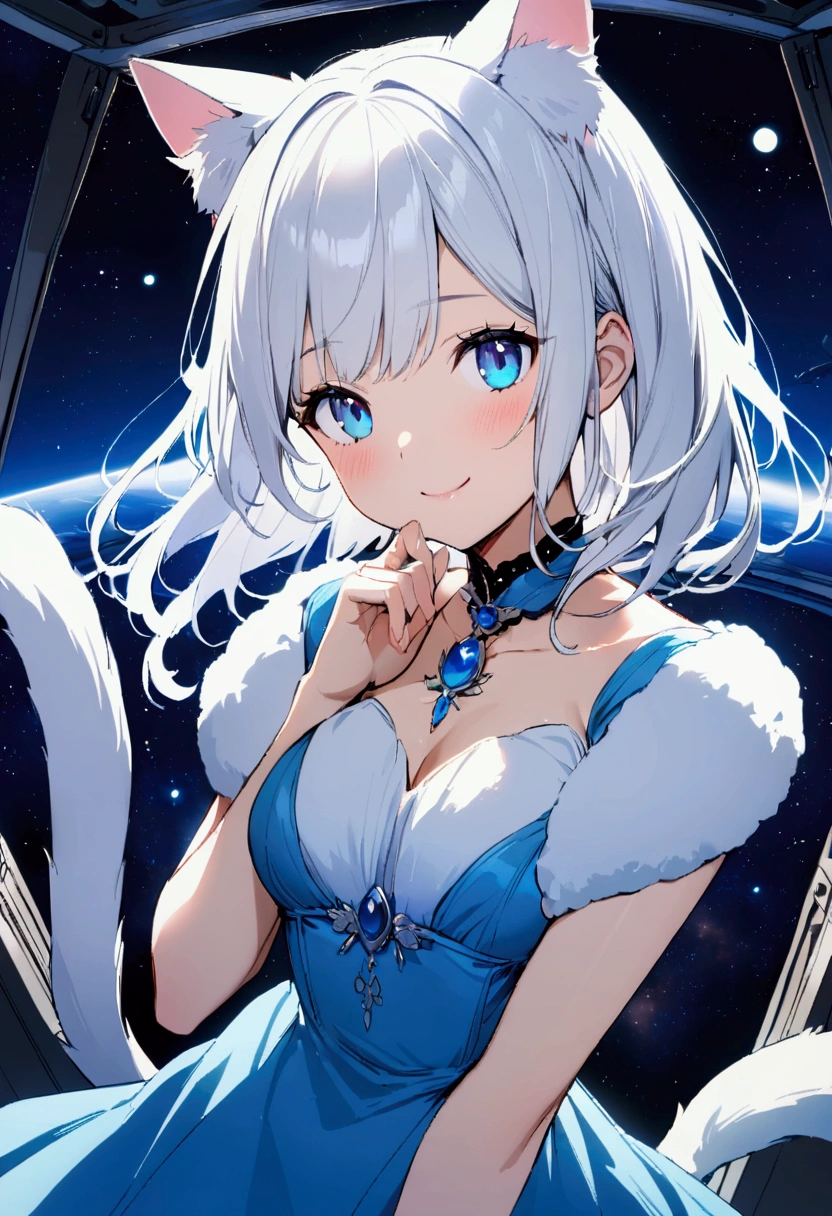 1girl with long white hair, blue eyes, slim body, Beautiful fluffy white and blue dress, cat ears, cat tail, smile,indoors space ship, upper body focus