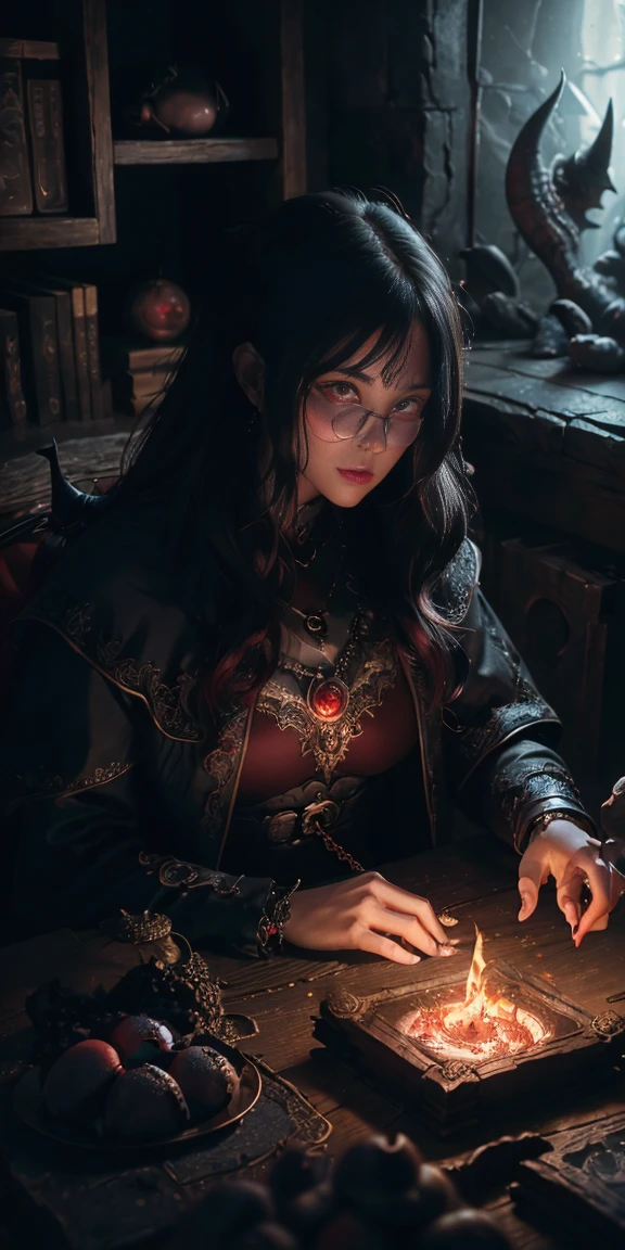GOOD、(The best illustrations)、8k UHD resolution、intricate detail、premium、realisitic、ultra detailed、the best lighting、best shadows、Soft lighting、ultra HD、Dungeon and Dragon、caves、Dungeon、 a necromancer、the night、dark style、together、The devil's daughter、bat wings,(((Demon Hornlack glasses with round frame))))、(((Colossal tits)))、(Devil's tail)、(red eyes shining:1.6)、masterpiece、beautiful countenance、Tindall effect、realistic photoshigh detail masks:1.2)、8 hours、Digital SLR Cameras、high quality、a picture、High resolution、 absurderes、ponytail distortion、Best proportion four fingers and one thumb、1 girl、hair ornaments、Bright red gemstone necklace、joya、Beautiful expression、Body up、Emphasis on large breasts、toned waist、wide buttocks、Tindall effect、photorealistic、(High detail masks:1.2)、pink nipple, pink pussy