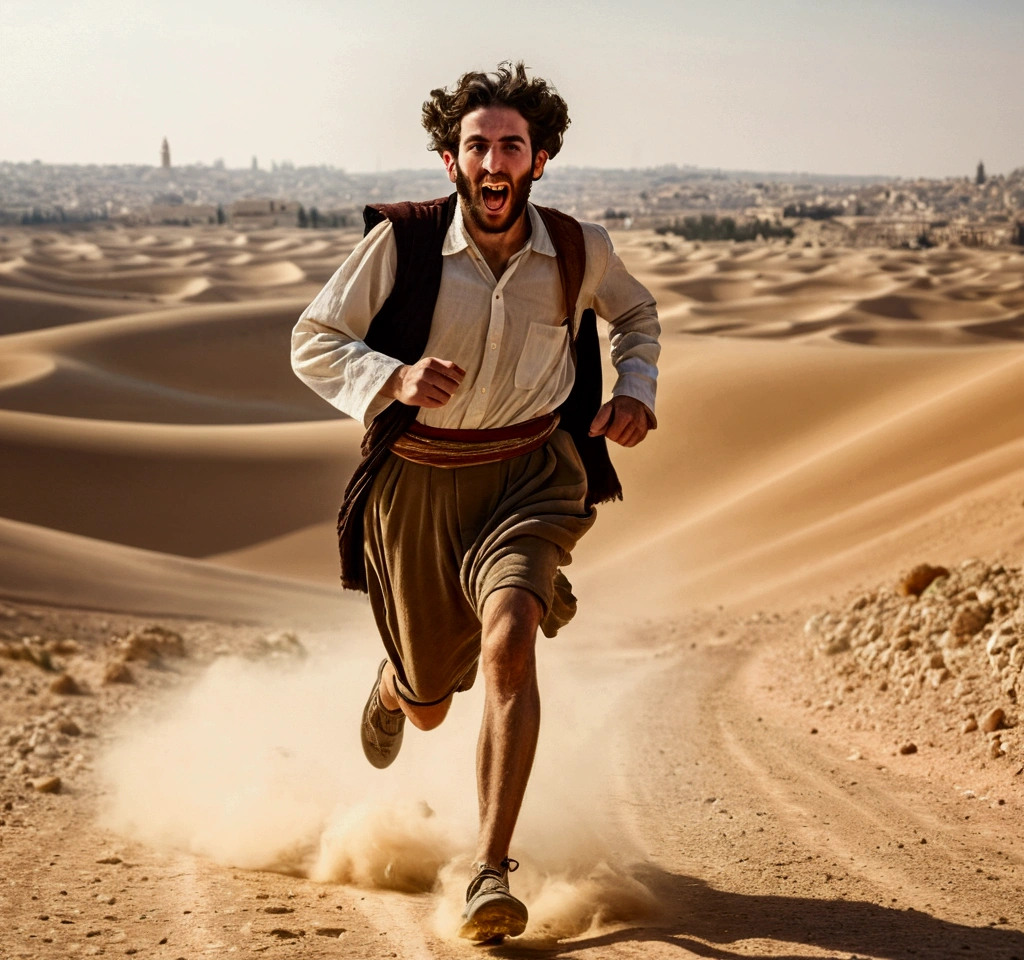 Young Jewish man running through the desert, Running like I'm running away, A face full of fear, jerusalem clothes, antique clothing, king david