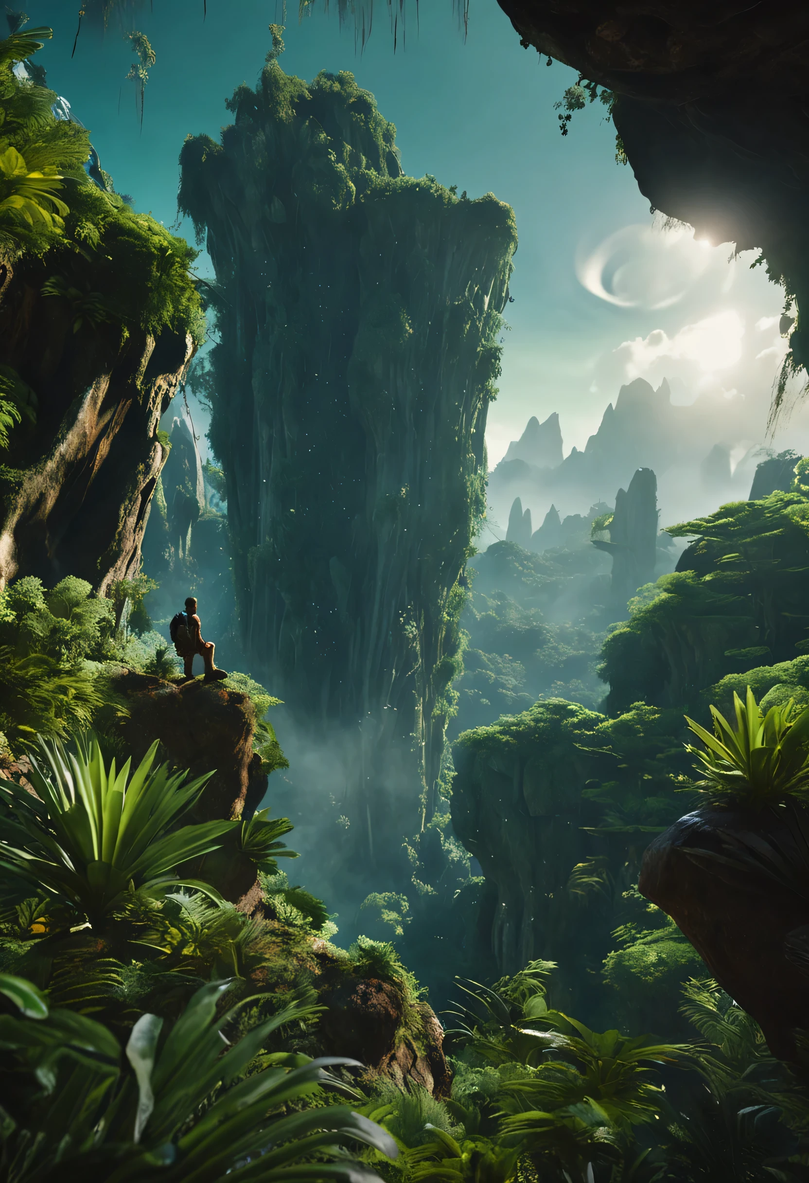 (35mmstyle:1.2), Highly detailed RAW color Photo, rear angle,Outdoors, (Stand on the cliffs of the tall Rocky Mountains, Gaze out over the magical lush green rainforest on an alien planet), vivd details, (Exotic alien planet)，(Sci-fi), (Mountains:1.1), (lush green vegetation), (two moons in sky:0.8), (Highly detailed, ultra - detailed, Intricate), (Lens flare:0.7), (full bloom:0.7), particle fx, Ray traching, Cinematic lighting, Shallow depth of field, photographed on a Sony a9 II, 35mm wide angle lens, Sharp focus, 《Gravity 2013》cinematic Film still from, Watching from behind, Dynamic Angle