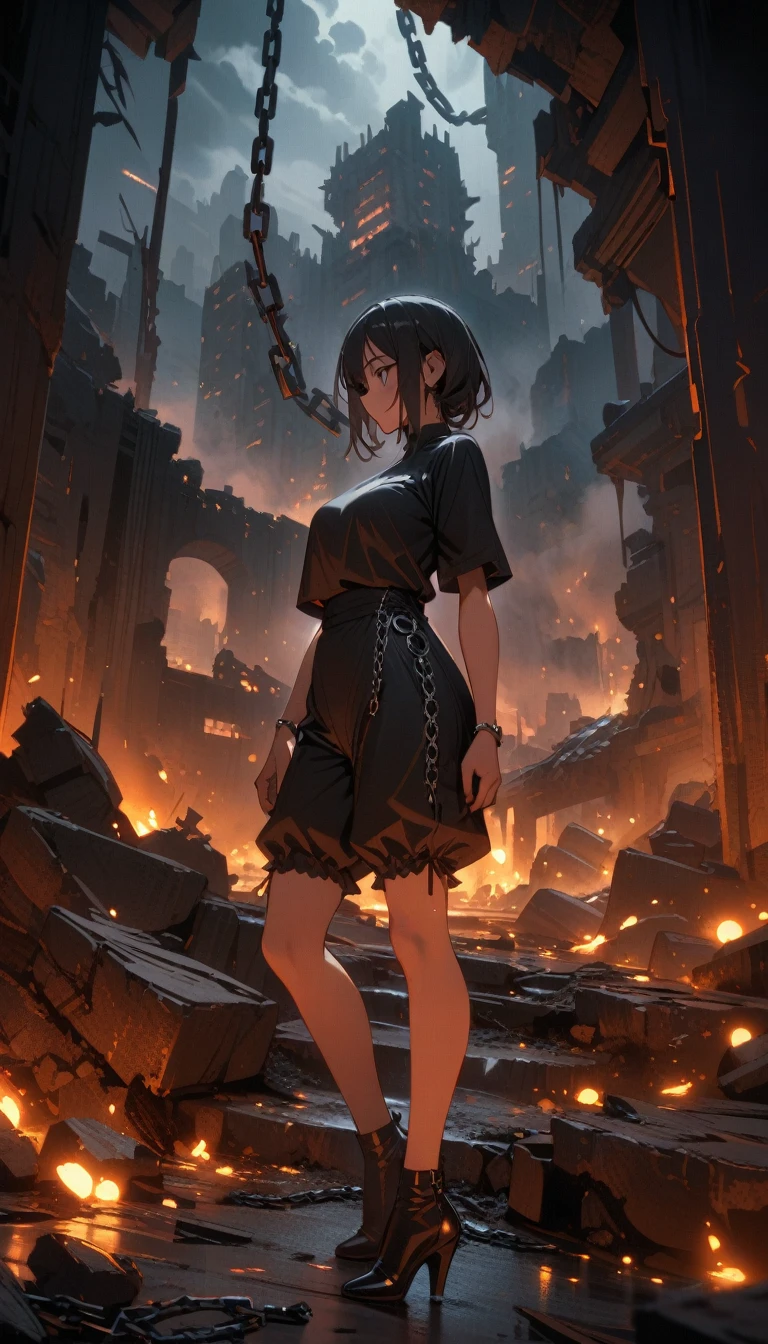 ((best quality)) , ((masterpiece)) , (detailed)，1 female，chain ring, chain storm, dark chain,((wholeblack bloomer)), darkside, night, deep dark, darkness, ((dark clouds)),((ruins)),shadow, death garden，kitchen，Female chef，High heel，((whole body))