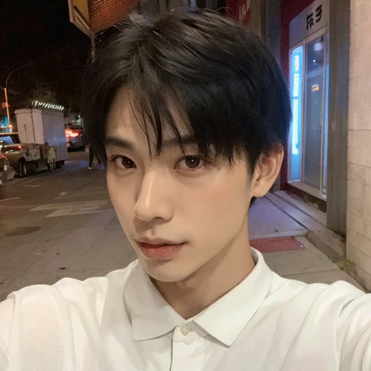 1 chico, 25 year old Asian man, (male: 1.5), large eyes, detailed eyes, thin face, (very short hair: 1.3), low_Cut, ((shirt)), ((lasts)), (elegant, sharp), smile,))), (muscular and robust body), (strong physique), exterior, detailed background, modern city, real image, empty street