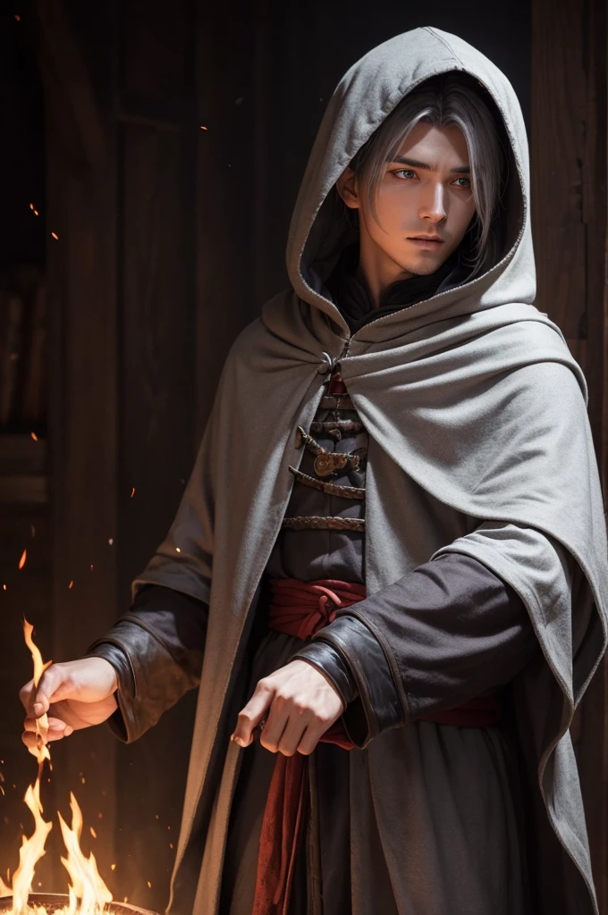 Man in medieval clothing, a gray hooded cloak, Your eyes have a red glow like fire,His hair is short and resembles Naruto's hair, has a face that exudes kindness. This one is holding a crusader sword where its blade has a golden tone., on his left arm glows slightly red like fire from a powerful magic.