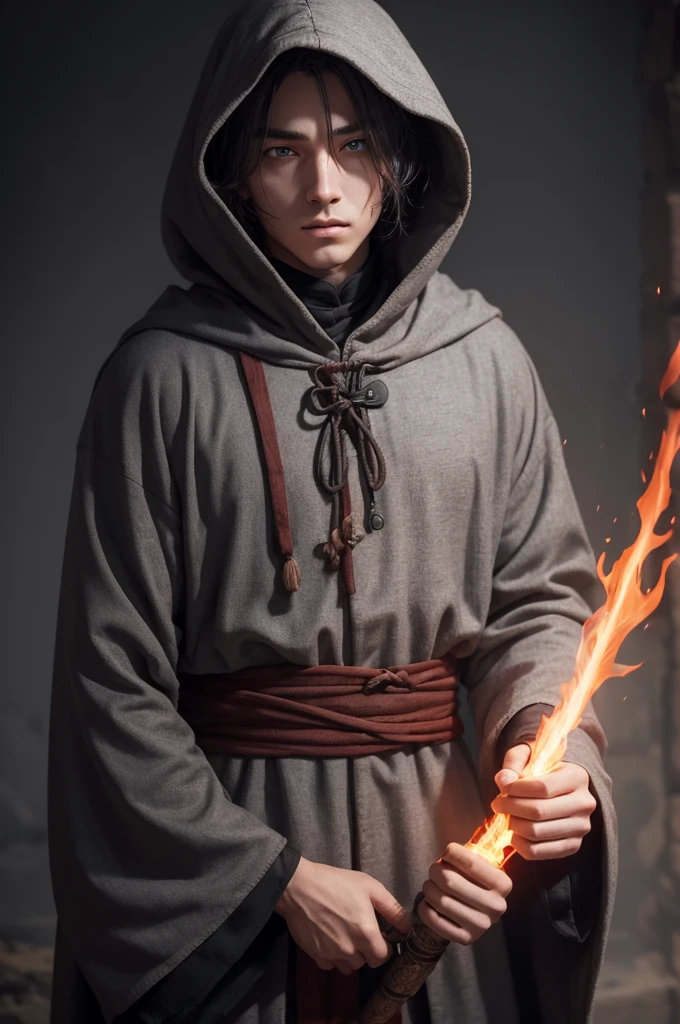 Man in medieval clothing, a gray hooded cloak, Your eyes have a red glow like fire,His hair is short and resembles Naruto's hair, has a face that exudes kindness. This one is holding a crusader sword where its blade has a golden tone., on his left arm glows slightly red like fire from a powerful magic.
