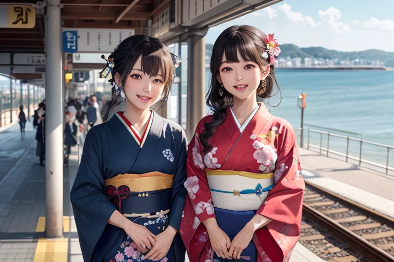 Train platform with ocean view,(Enoshima Electric Railway),((Shichirigahama Station)),Holding a bouquet, With flowers, Wearing a colorful yukata, (Wear a rainbow-colored kimono),One cute girl, (masterpiece, Highest quality, Official Art, Very detailed CG Unity 8k wallpaper), Very detailed), japanese related, Eyes on the Flower,(in kimono), A gentle gaze,Happy looking mouth,