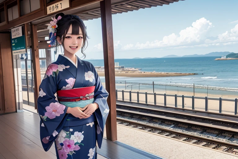 Train platform with ocean view,(Enoshima Electric Railway),((Shichirigahama Station)),Holding a bouquet, With flowers, Wearing a colorful yukata, (Wear a rainbow-colored kimono),One cute girl, (masterpiece, Highest quality, Official Art, Very detailed CG Unity 8k wallpaper), Very detailed), japanese related, Eyes on the Flower,(in kimono), A gentle gaze,Happy looking mouth,