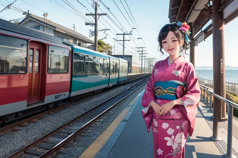 Train platform with ocean view,(Enoshima Electric Railway),((Shichirigahama Station)),Holding a bouquet, With flowers, Wearing a colorful yukata, (Wear a rainbow-colored kimono),One cute girl, (masterpiece, Highest quality, Official Art, Very detailed CG Unity 8k wallpaper), Very detailed), japanese related, Eyes on the Flower,(in kimono), A gentle gaze,Happy looking mouth,