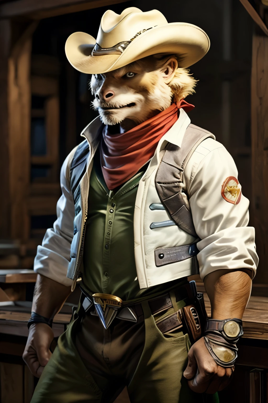 Create a masterpiece of a realistic full-body image featuring the character Steve from the game 'Sunset Riders'. This iconic blond-haired cowboy is easily recognizable with his distinctive pink cowboy hat adorned with a yellow band, sitting atop a long-sleeved yellow shirt, intricately detailed with white accents. Steve also dons a pink vest, yellow pants, and brown boots that gleam with golden spurs. A white scarf is casually tied around his neck, and a leather belt with double holsters crisscrosses his waist, where he keeps his trusty pistols at the ready.

Steve is depicted leaning slightly forward, his legs apart, ex