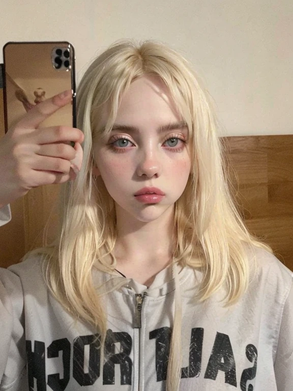 blond woman with long hair taking a selfie in front of a mirror, her hair is white, very very pale blond hair, extremely pale blond hair, portrait of kim petras, pale hair, blonde hair and large eyes, ava max, perfect white haired girl, long blonde hair and big eyes, long blonde hair and large eyes, 18 years old
