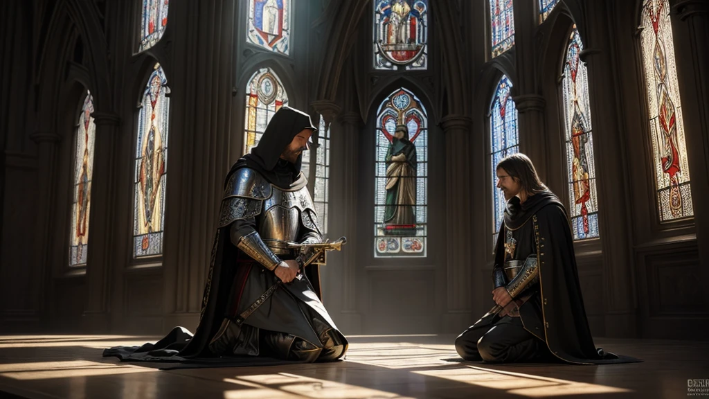 a knight templar kneeling before a cross in a divine environment, medieval knights, religious, ornate gothic architecture, stained glass windows, heavenly light, dramatic lighting, highly detailed, intricate, photorealistic, cinematic, 8k, award winning, concept art