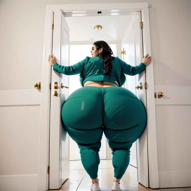 masterpiece, 1girl behind a doorway, from behind, (doorstuck, stuckback:1.3), ssbbw ,huge wide hips, round belly, thick thighs, giant butt,colorful clothing, wearing a light green suit and tie and formal pants, upset, desperately trying to wiggle through, she tries to free herself but she won't budge, she is stuck tight view from behind, she is too wide, the doorway is quite narrow too, she kicks her legs furiously, trying to wiggle her hips through the small door, but its no good, the door is too small, she keeps trying to squeeze through with frustration, she is stuck too tight