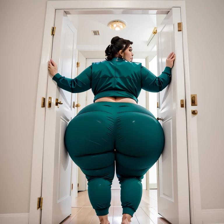 masterpiece, 1girl behind a doorway, from behind, (doorstuck, stuckback:1.3), ssbbw ,huge wide hips, round belly, thick thighs, giant butt,colorful clothing, wearing a light green suit and tie and formal pants, upset, desperately trying to wiggle through, she tries to free herself but she won't budge, she is stuck tight view from behind, she is too wide, the doorway is quite narrow too, she kicks her legs furiously, trying to wiggle her hips through the small door, but its no good, the door is too small, she keeps trying to squeeze through with frustration, she is stuck too tight