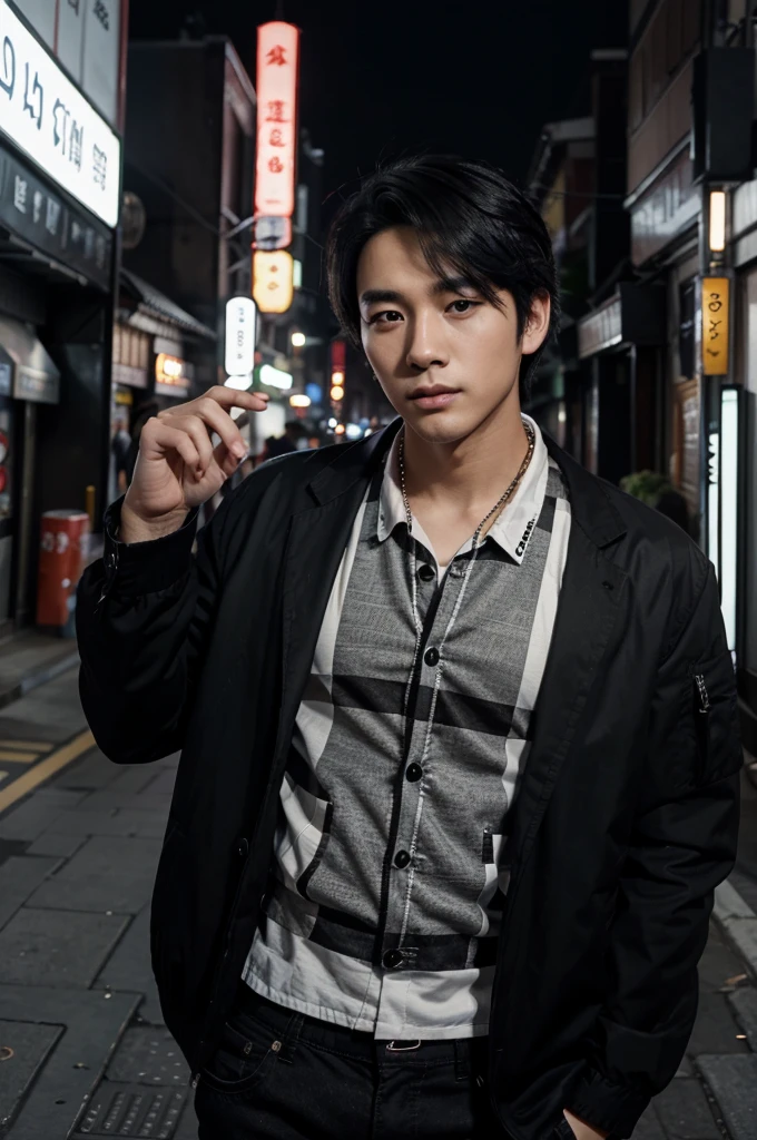 A boy/Very handsome 27-year-old Korean man with black hair and wearing a black jacket and a white checkered shirt posing on a street in Seoul at night, beautiful and realistic and masculine and look tough
