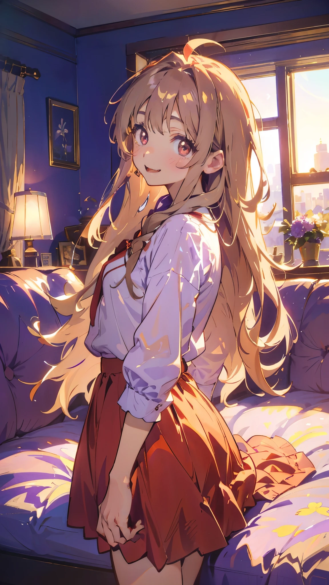 1 girl、Anime Style、美しい light brown hair、Beautiful purple round eyes、Long Hair、Transparent Hair、Translucent hair、Laughing with your mouth open、From the side、Western-style room、sofa、morning、Glowing Skin、Narrow waist、Casual Wear Skirt