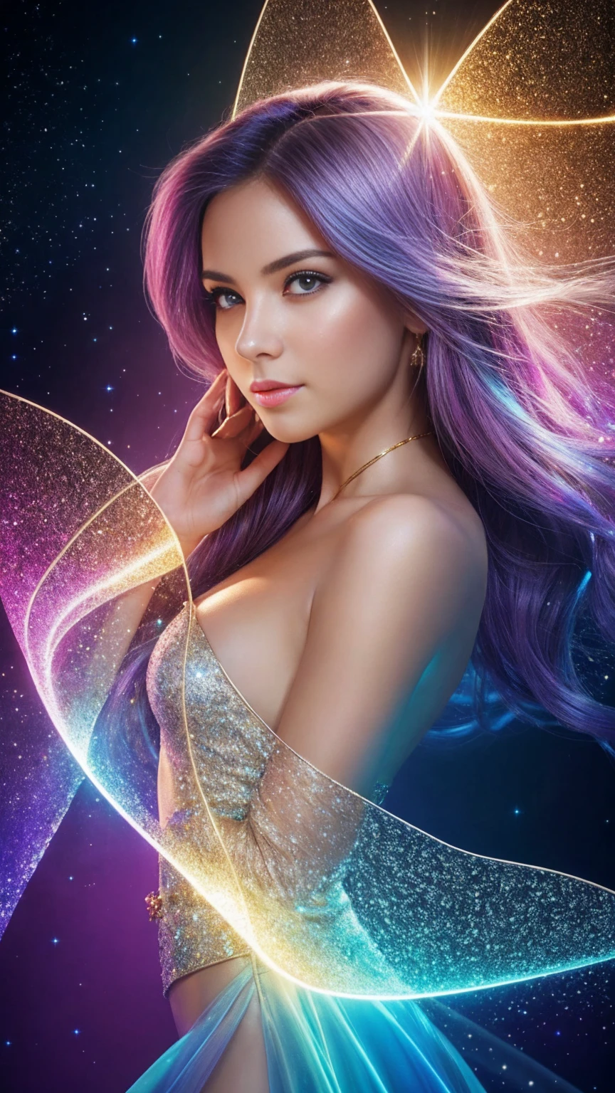 Create a stunning portrait of an ethereal young woman surrounded by a mesmerizing display of magical elements. The woman should have delicate features, with luminous skin that seems to glow from within. Her eyes should sparkle with an otherworldly light, reflecting the magic around her. Her hair should flow gracefully, perhaps with subtle magical highlights or a soft shimmer. Encompassing the woman, create a breathtaking aura of fantastical sparkles and magical dust. These elements should vary in size and intensity, from tiny glimmering specks to larger, more prominent magical particles. The sparkles should have a range of colors, predominantly soft golds, silvers, and iridescent hues that complement the overall color scheme. Integrate floating, gradient atmospheric particles throughout the image. These should be well-illuminated, creating a sense of depth and dimension. The particles could range from soft, misty orbs to more defined, geometric shapes, all contributing to the magical atmosphere. Use a variety of colors for these particles, ensuring they blend harmoniously with the sparkles and the overall composition. The lighting should be soft yet dramatic, with key light sources that highlight the woman's features and the magical elements around her. Consider incorporating rim lighting to create a magical glow around her silhouette. The overall illumination should enhance the fantastical nature of the scene, perhaps with gentle light rays or a soft, ethereal glow permeating the entire image. Ensure the image has high saturation to bring out the vibrancy of the magical elements and the woman's features. The contrast should be well-balanced, creating depth and dimension without overpowering the softer, magical elements. This will help to make the sparkles and particles stand out against the background while still maintaining a cohesive and enchanting overall look. The background should be subtle yet mystical, perhaps featuring a soft gradient or a blurred magical l