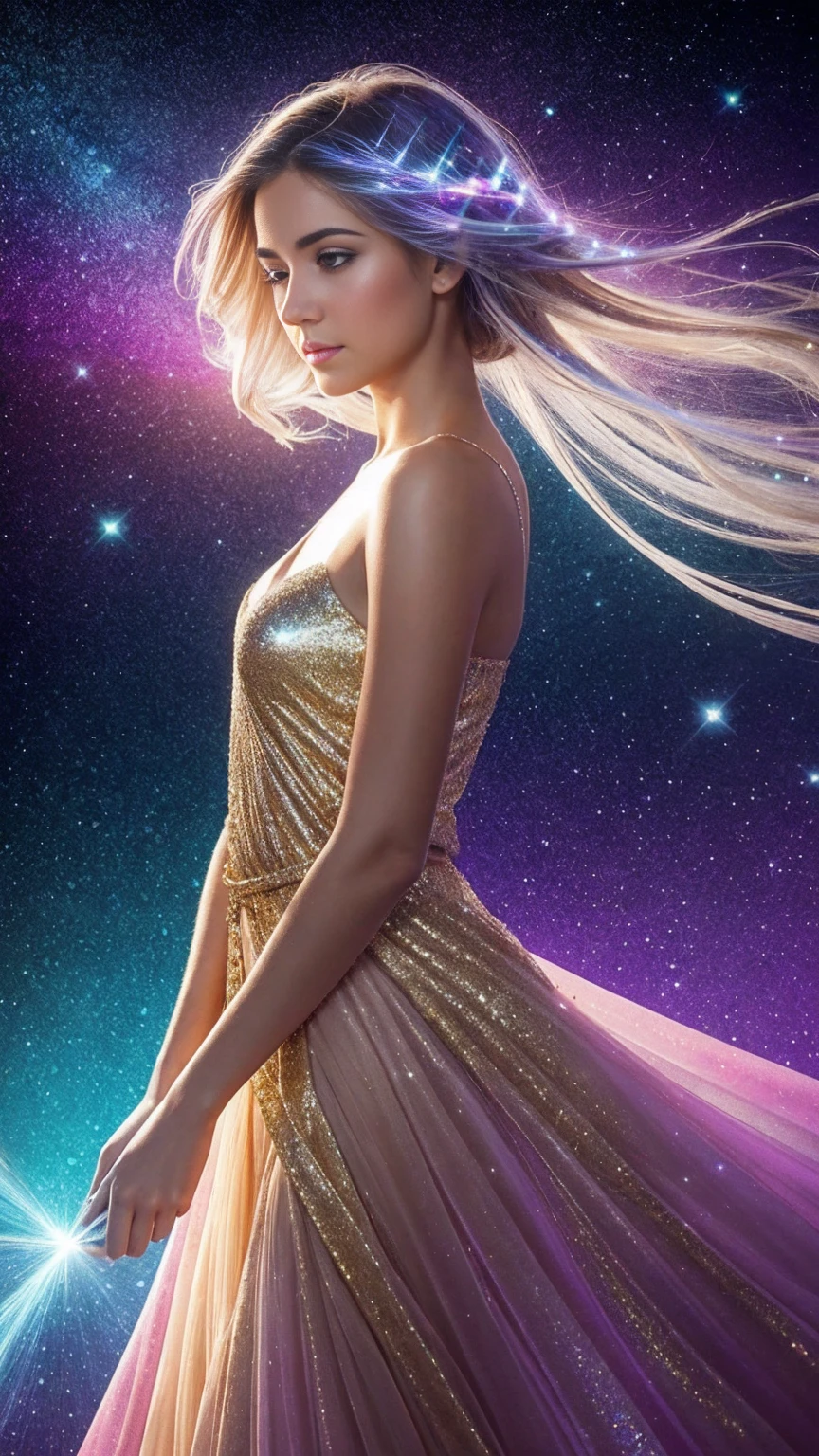 Create a stunning portrait of an ethereal young woman surrounded by a mesmerizing display of magical elements. The woman should have delicate features, with luminous skin that seems to glow from within. Her eyes should sparkle with an otherworldly light, reflecting the magic around her. Her hair should flow gracefully, perhaps with subtle magical highlights or a soft shimmer. Encompassing the woman, create a breathtaking aura of fantastical sparkles and magical dust. These elements should vary in size and intensity, from tiny glimmering specks to larger, more prominent magical particles. The sparkles should have a range of colors, predominantly soft golds, silvers, and iridescent hues that complement the overall color scheme. Integrate floating, gradient atmospheric particles throughout the image. These should be well-illuminated, creating a sense of depth and dimension. The particles could range from soft, misty orbs to more defined, geometric shapes, all contributing to the magical atmosphere. Use a variety of colors for these particles, ensuring they blend harmoniously with the sparkles and the overall composition. The lighting should be soft yet dramatic, with key light sources that highlight the woman's features and the magical elements around her. Consider incorporating rim lighting to create a magical glow around her silhouette. The overall illumination should enhance the fantastical nature of the scene, perhaps with gentle light rays or a soft, ethereal glow permeating the entire image. Ensure the image has high saturation to bring out the vibrancy of the magical elements and the woman's features. The contrast should be well-balanced, creating depth and dimension without overpowering the softer, magical elements. This will help to make the sparkles and particles stand out against the background while still maintaining a cohesive and enchanting overall look. The background should be subtle yet mystical, perhaps featuring a soft gradient or a blurred magical l