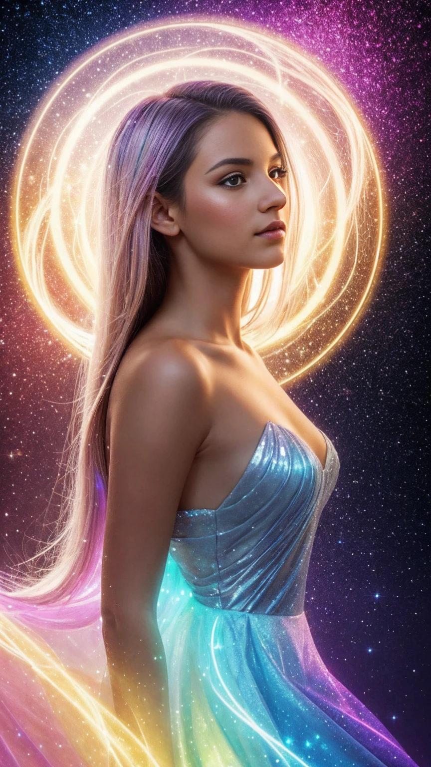 Create a stunning portrait of an ethereal young woman surrounded by a mesmerizing display of magical elements. The woman should have delicate features, with luminous skin that seems to glow from within. Her eyes should sparkle with an otherworldly light, reflecting the magic around her. Her hair should flow gracefully, perhaps with subtle magical highlights or a soft shimmer. Encompassing the woman, create a breathtaking aura of fantastical sparkles and magical dust. These elements should vary in size and intensity, from tiny glimmering specks to larger, more prominent magical particles. The sparkles should have a range of colors, predominantly soft golds, silvers, and iridescent hues that complement the overall color scheme. Integrate floating, gradient atmospheric particles throughout the image. These should be well-illuminated, creating a sense of depth and dimension. The particles could range from soft, misty orbs to more defined, geometric shapes, all contributing to the magical atmosphere. Use a variety of colors for these particles, ensuring they blend harmoniously with the sparkles and the overall composition. The lighting should be soft yet dramatic, with key light sources that highlight the woman's features and the magical elements around her. Consider incorporating rim lighting to create a magical glow around her silhouette. The overall illumination should enhance the fantastical nature of the scene, perhaps with gentle light rays or a soft, ethereal glow permeating the entire image. Ensure the image has high saturation to bring out the vibrancy of the magical elements and the woman's features. The contrast should be well-balanced, creating depth and dimension without overpowering the softer, magical elements. This will help to make the sparkles and particles stand out against the background while still maintaining a cohesive and enchanting overall look. The background should be subtle yet mystical, perhaps featuring a soft gradient or a blurred magical l
