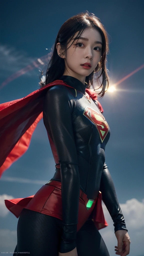 Woman wearing detailed SuperMan costume with full sleeves covering the entire body, short black hair, serious face, (flying in sky), vivid colors, dramatic lighting, red cape, cinematic costume, carbon fiber detailed suit,