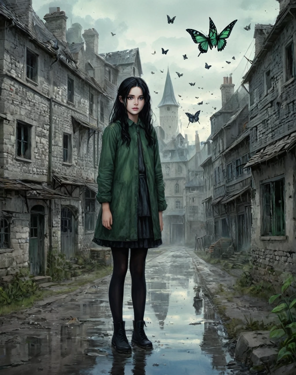 11-year-old girl, daughter of severus snape, green eyes, black hair, (butterfly:1.5),(butterfly theme:1.5),(dark horror theme:1.5),(thriller:1.5),(inspiration from Stephen King:1.5),(dark fantasy:1.5), (ink and watercolor painting:1.5), (black and white color:1.5), 8k, 4k, (landscapes:1.5),(A large number of butterflies fly towards the viewer:1.5),(ruined:1.5),(ruined village:1.5),(1800s:1.5), (ruined theme:1.5),(lots of flying butterflies:1.5),(puddle:1.5),(Unpaved roads:1.5),(absurderes:1.5),(fantastic:1.5),(best quality:1.5),(masterpiece:1.5),
