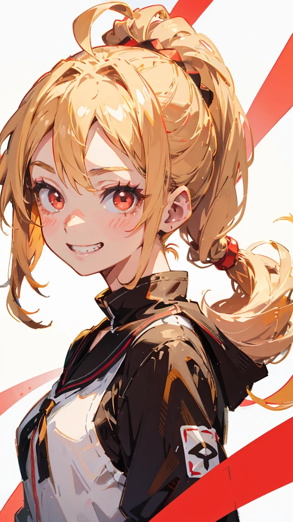 1 girl、Anime Images、blonde、ponytail、Round red eyes、Ahoge、Grin、From the side、Upper body close-up