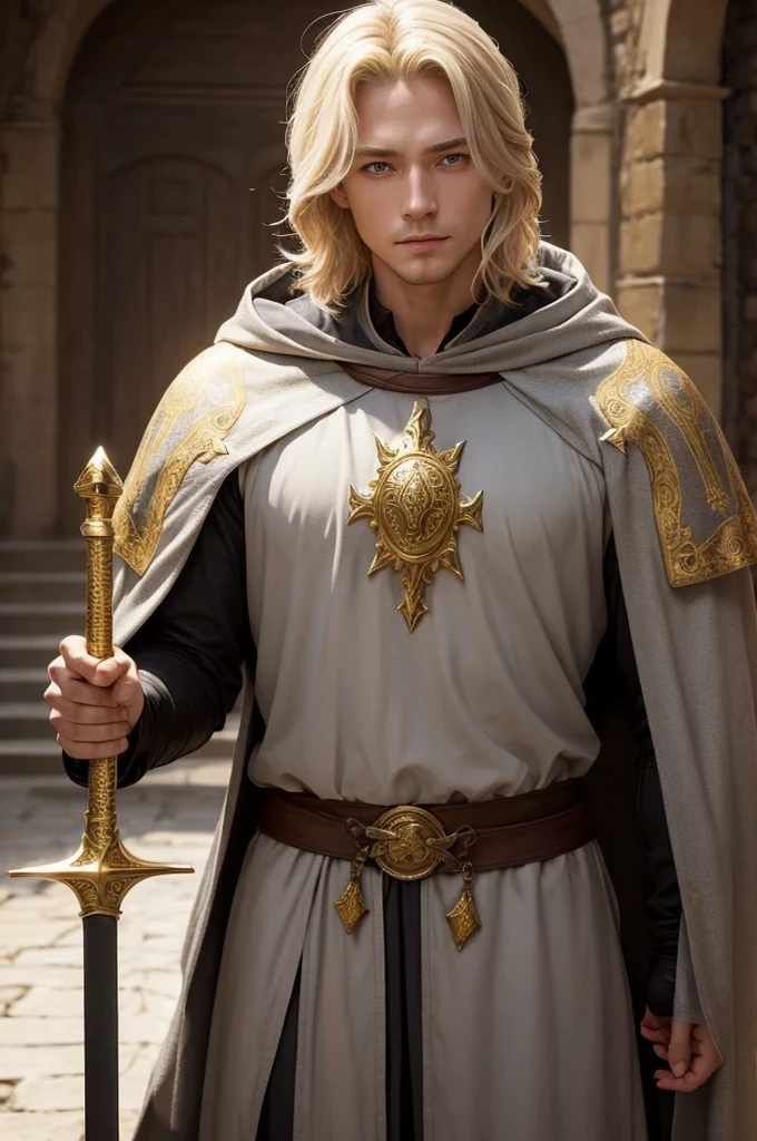Medieval man with gray cloak, holding a sword with golden shine. This man has medium blond hair and his eyes shine golden like the sun..