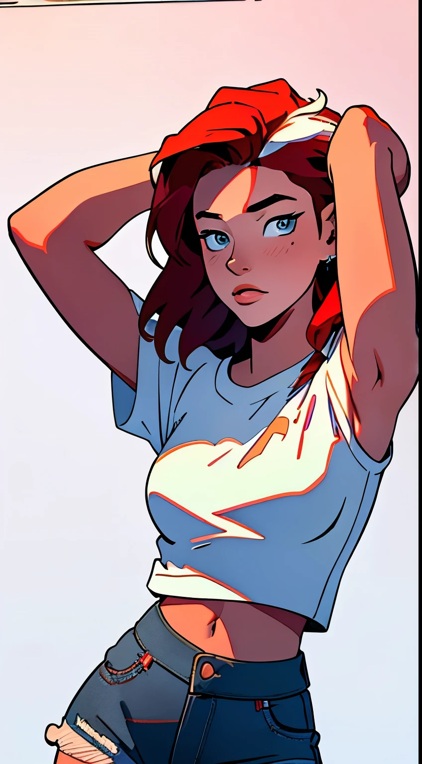 masterpiece, best quality, waist up,1girl,the highest image quality, 21-year-old woman, looks like Olivia Dunne, bright red hair, blue eyes, wearing a white graphic tee and denim shorts, large breasts, White background, empty background, waist up , standing normally