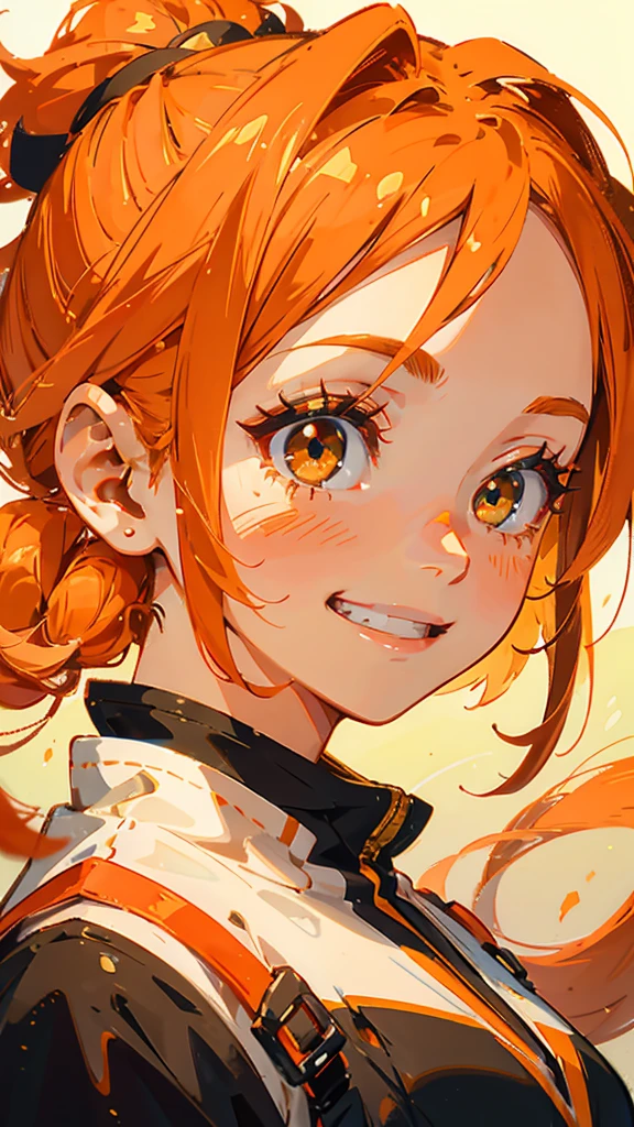 1 girl、Anime Images、Orange clothes、Orange Hair、ponytail、Beautiful green eyes、Grin、From the side、Upper body close-up
