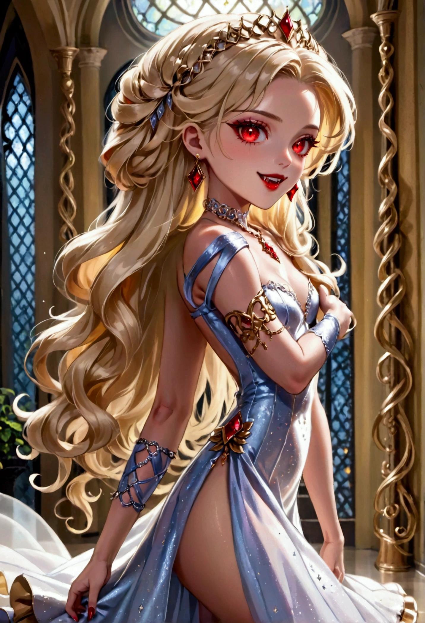 a glamour picture shot,  ((full body: 1.5) of an elite vampire model, walking on a (dark catwalk: 1.2), an extraordinary glamourous elite female vampire model, ((full body: 1.5)),  ((anatomically correct: 1.5), (ultra detailed face: 1.2), best detailed face, blond hair, long hair, lush hair, red eyes, delicate face, light make up, wearing intricate blue detailed dress, glamour dress, haute couture dress, elite fashion dress, white dress, decorated with diamonds,  small cleavage, wearing high heels, elegant high heels, she wears diamond necklace, elite fashion show background, vibrant, Hyperrealism style, vibrant, Ultra-high resolution, High Contrast, (masterpiece:1.5), highest quality, Best aesthetics), best details, best quality, highres, ultra wide angle, 16k, [ultra detailed], masterpiece, best quality, (extremely detailed) RAW, chumbasket art style, rpg portrait, photograph, BloodSoakedAI, vampire teeth
