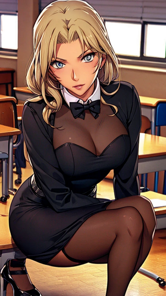 School classroom,School teacher,Office Costume,Tight mini skirt,blouse,Black Pantyhose,Black Stockings,High heels,Long blonde hair,ponytail,squat