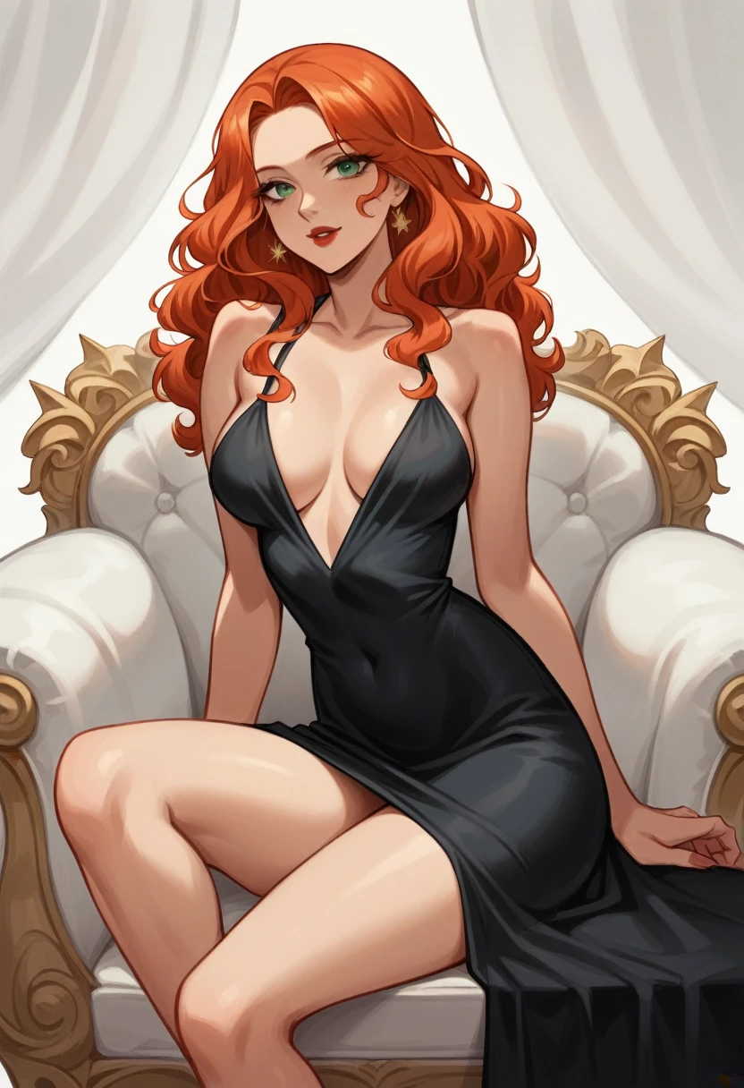 (((ultra detailed))),((1 beautiful slim girl)),((medium )),(redhead,shoulder length wavy hair:1.2),(long black dress:1.2),,(thick legs),,seductive,elegant,brown skin,golden strands,delicate features,green eyes,mystery,intense red lips,serene beauty,Elegant posture, ((christmas background)),((sitting in a white armchair,sideways,Whole body)), (Russian girl)