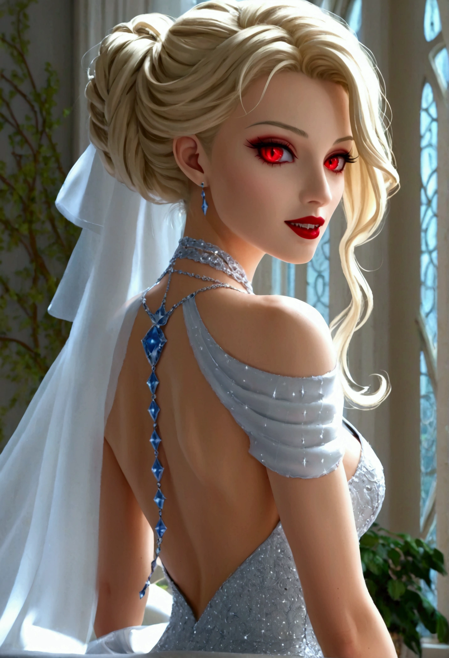 a glamour picture shot,  ((full body: 1.5) of an elite vampire model, walking on a (dark catwalk: 1.2), an extraordinary glamourous elite female vampire model, ((full body: 1.5)),  ((anatomically correct: 1.5), (ultra detailed face: 1.2), best detailed face, blond hair, long hair, lush hair, red eyes, delicate face, light make up, wearing intricate blue detailed dress, glamour dress, haute couture dress, elite fashion dress, white dress, decorated with diamonds,  small cleavage, wearing high heels, elegant high heels, she wears diamond necklace, elite fashion show background, vibrant, Hyperrealism style, vibrant, Ultra-high resolution, High Contrast, (masterpiece:1.5), highest quality, Best aesthetics), best details, best quality, highres, ultra wide angle, 16k, [ultra detailed], masterpiece, best quality, (extremely detailed) RAW, chumbasket art style, rpg portrait, photograph, BloodSoakedAI, vampire teeth