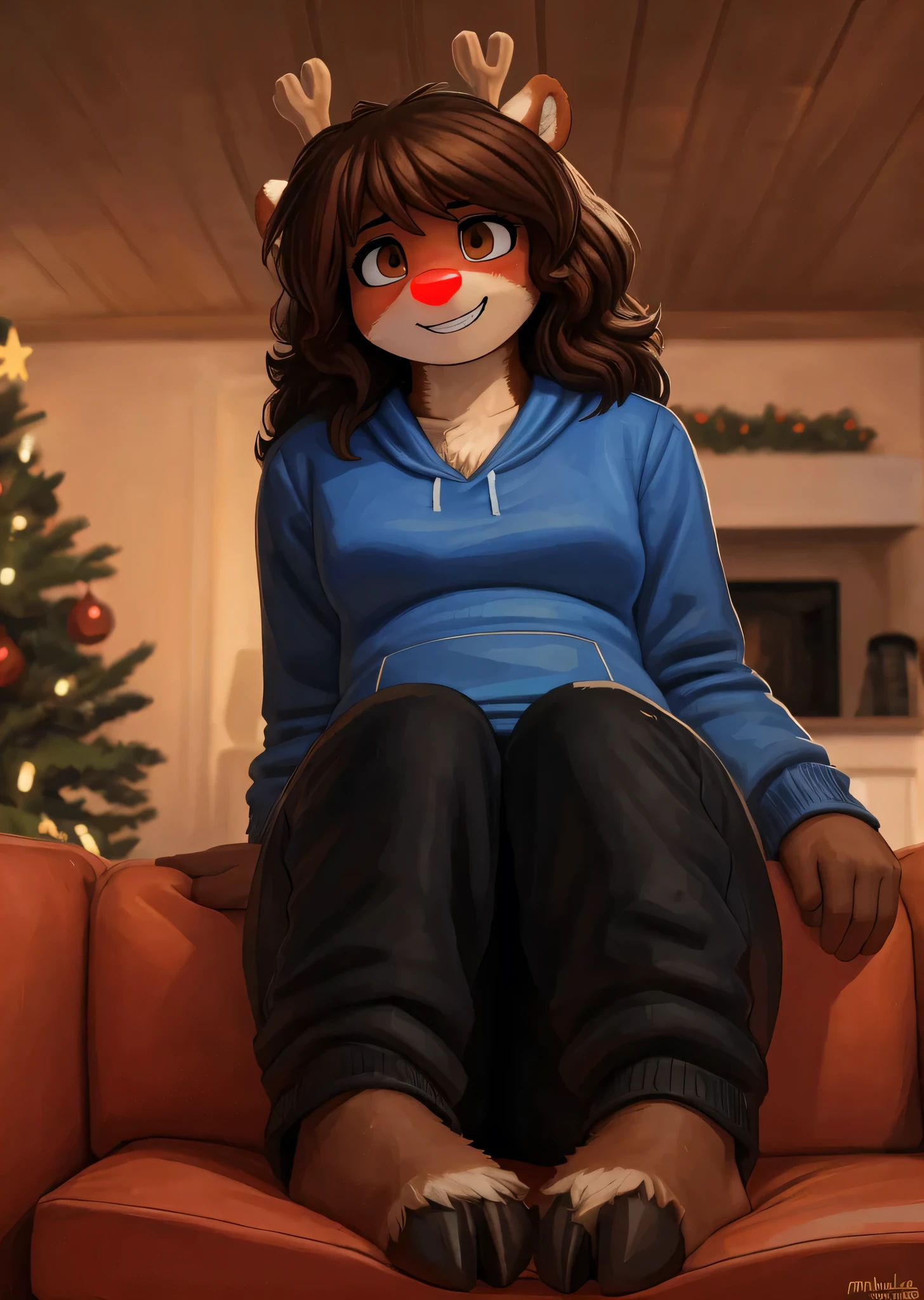 [Rue_(the-minuscule-task)], [Uploaded to e621.net; (pixelsketcher), (wamudraws), (the-minuscule-task)], ((masterpiece)), ((HD)), ((high res)), ((solo portrait)), ((low angle view)), ((feet visible)), ((detailed fur)), ((detailed shading)), ((beautiful render art)), {anthro female reindeer; (slim figure), brown fur, (glowing red nose), small round ears, (small reindeer horns), (cute brown eyes), (small irises), (short eyelashes), (long brown curly hair), (curvy hips), (beautiful legs), (beautiful feet), (hooved toes), (blushing), (cute grin), (embarrassed expression)}, (blue pull-over hoodie), (black pajama pants)}, {(sitting on couch), (knees up), (looking at viewer)}, [ambient lighting, living room, christmas decor, nighttime, moonlight]