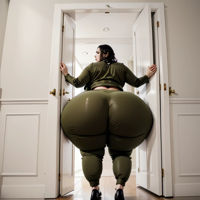masterpiece, 1girl behind a doorway, from behind, (doorstuck, stuckback:1.3), ssbbw ,huge wide hips, round belly, thick thighs, giant butt,colorful clothing, wearing a olive green suit and tie and formal pants, upset, desperately trying to wiggle through, she tries to free herself but she won't budge, she is stuck tight view from behind, she is too wide, the doorway is quite narrow too, she kicks her legs furiously, trying to wiggle her hips through the small door, but its no good, the door is too small, she keeps trying to squeeze through with frustration, she is stuck too tight
